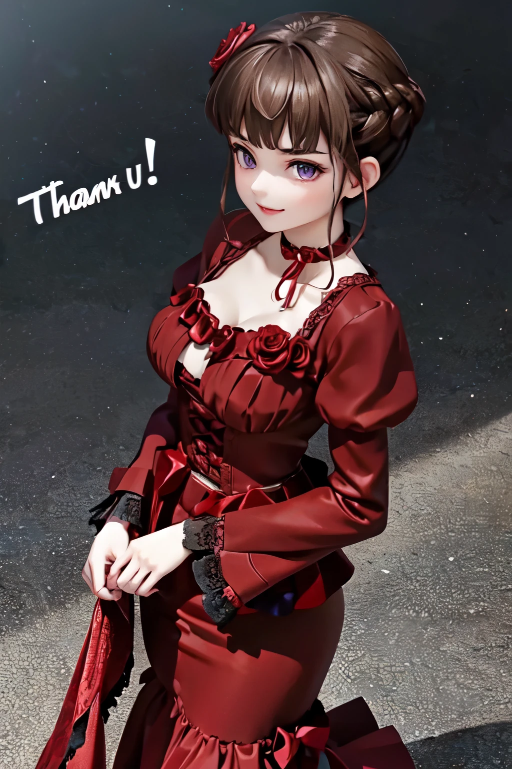 ((Thank You)), Short Hair, braided hair, Brown Hair, Purple eyes, bangs, woman, Alone, Sl1tM3rm41d,long sleeves,puffy sleeves,red dress, juliet sleeves,choker,temple、Medieval period