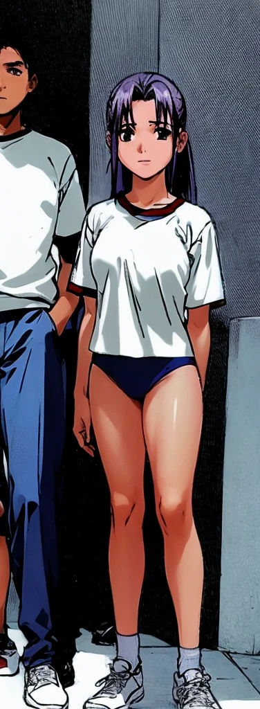 Momoko Koigakubo, a tall girl with beautiful legs, stands in a white gym uniform and light navy blue bloomers that look like panties.。Momoko Koigakubo is holding a young boy wearing a tracksuit。