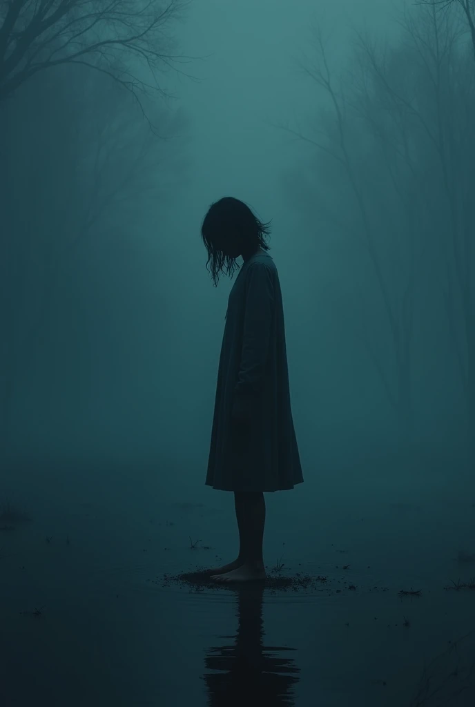 a creepy but beauty ghost young woman in the middle of a derk and creepy forest at a very dark night