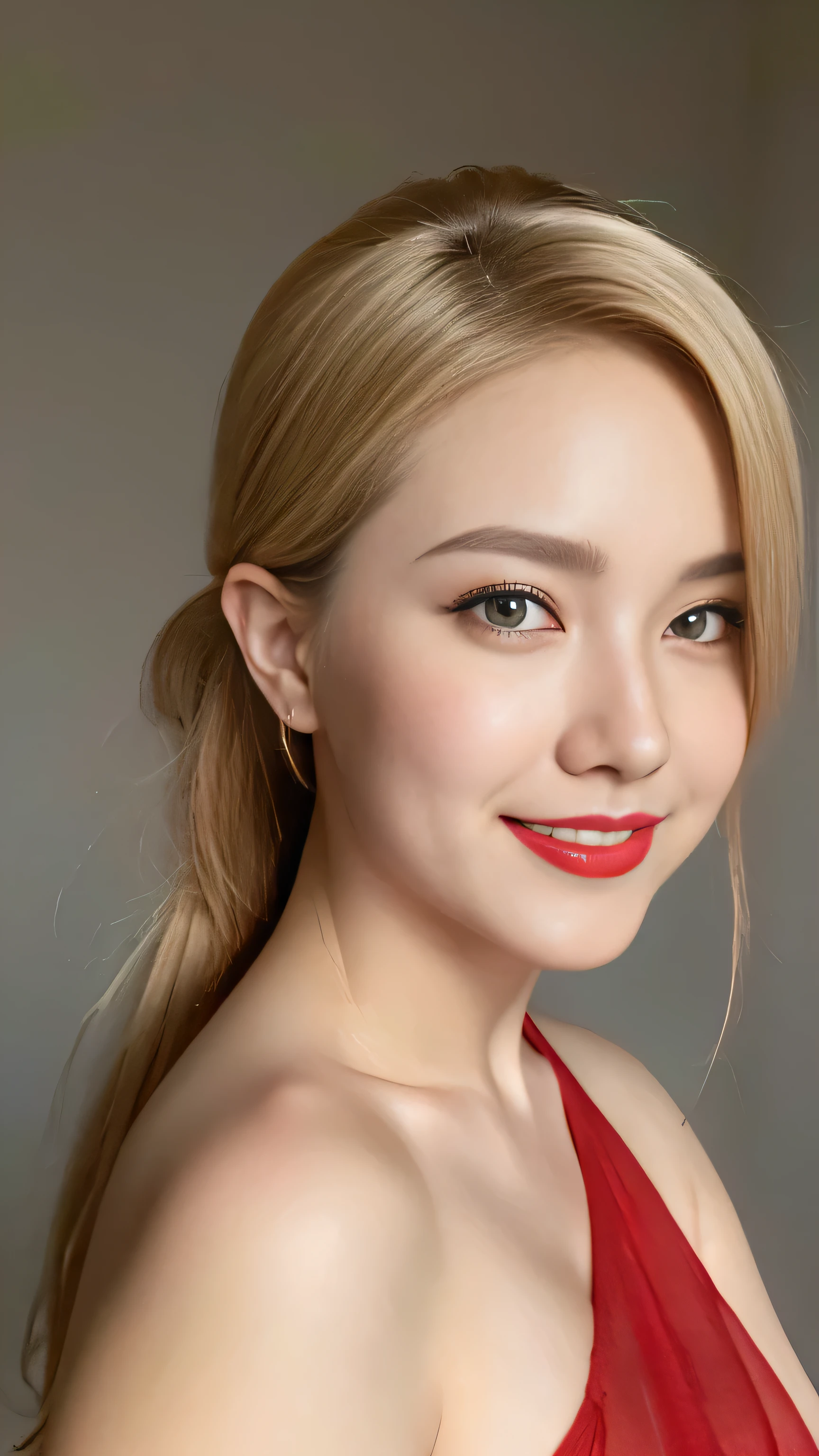 face shot, close face shot, face portrait, close up zoom on face portrait art by Albert Lynch, John Singer Sargent and James Tissot, blonde hair, back ponytail, seductive smile,cute smile, wearing red G-string, sexy woman, hot, intricate, masterpiece, beautiful breasts, Red Lipstick, sensual Lipstick, Sensational Make up