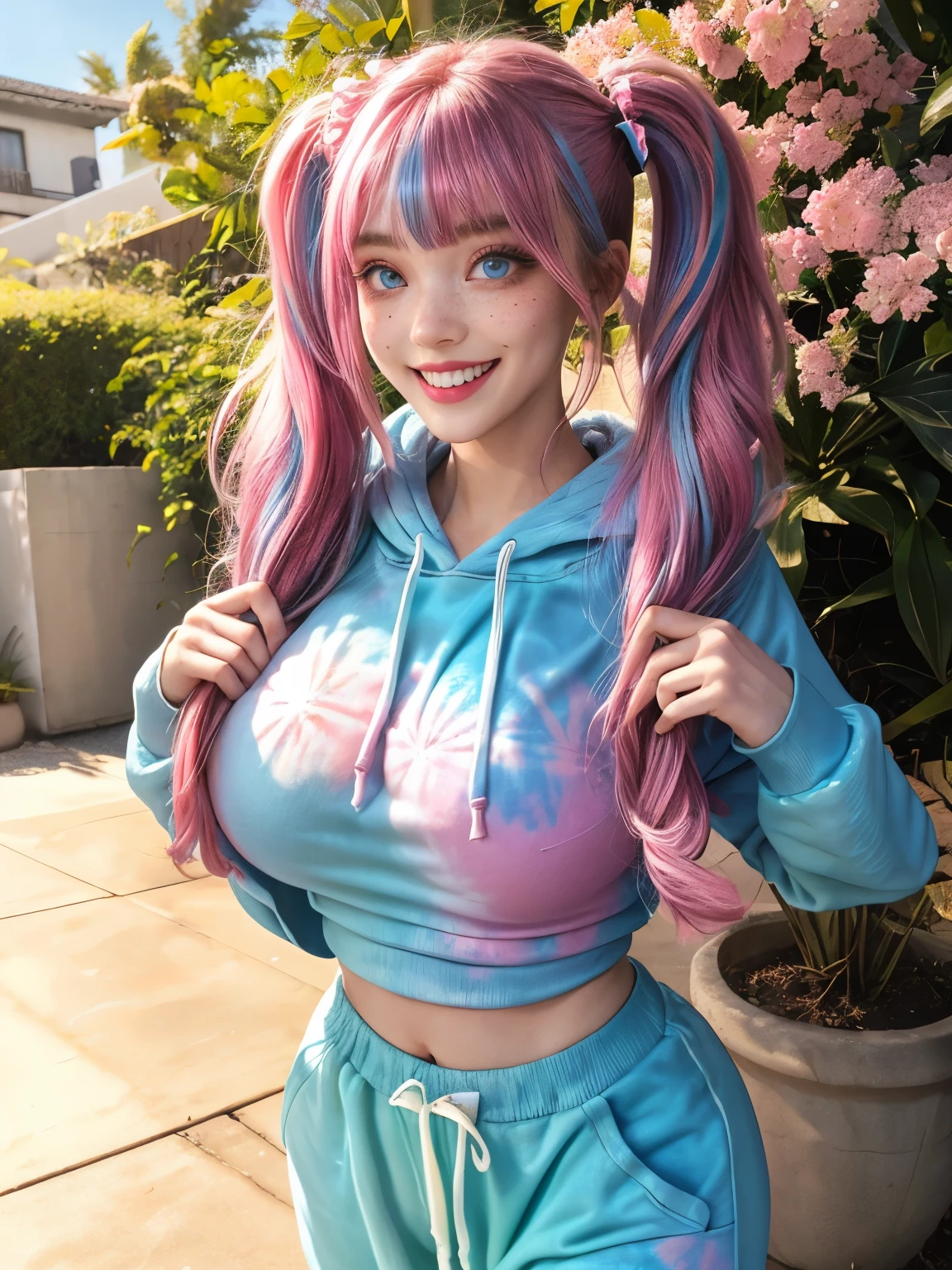 woman, light blue tie-dye hoodie, massive breasts, twintails, tight clothing, pastel colors, pastel theme, sweatpants, deep pink and blue hair, smile, teeth, makeup, eyelashes, winged eyeliner, pale skin, outdoors, flower oasis, freckles, bright colors, bangs, bright blue eyes