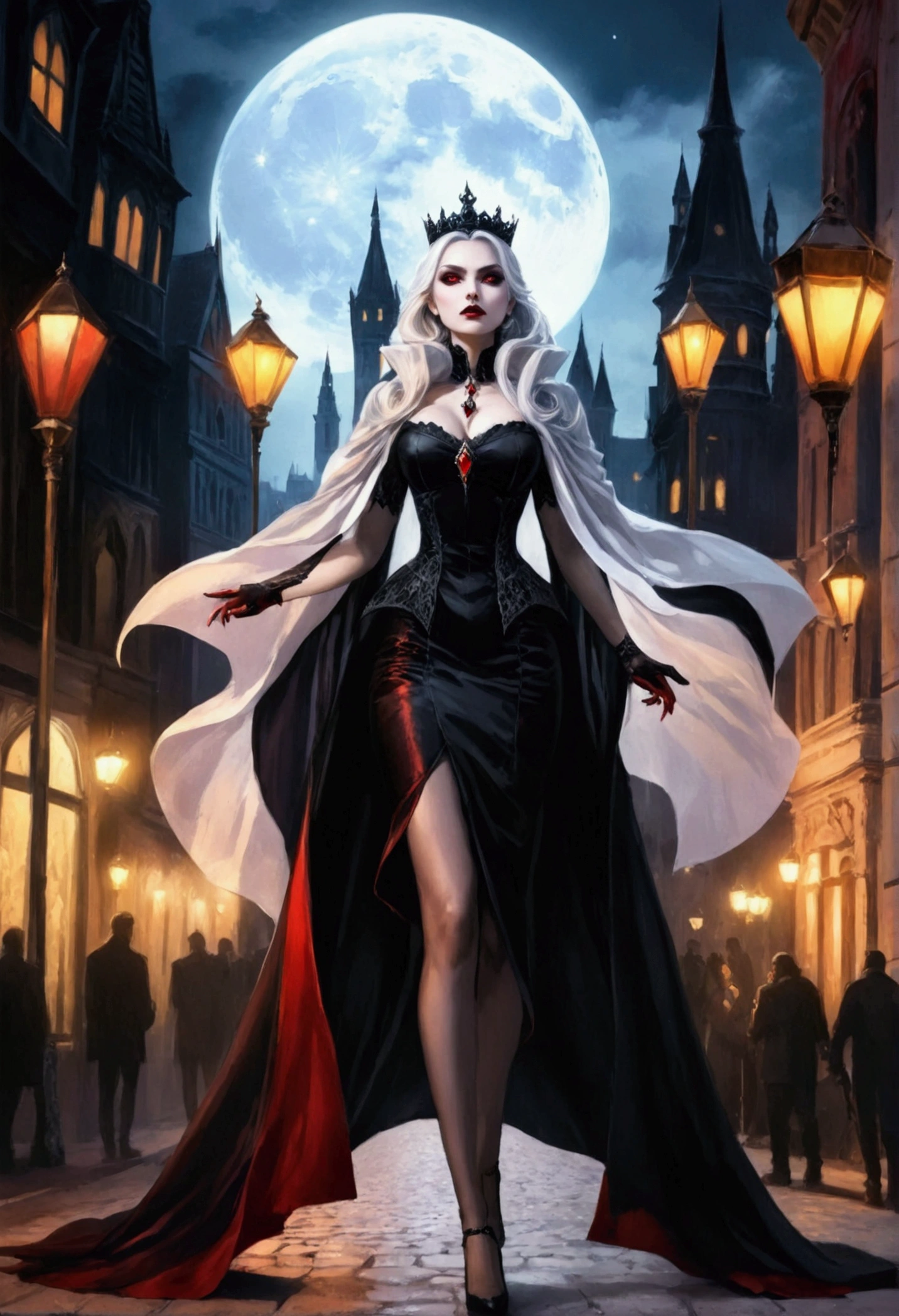 fantasy art, RPG art, ultra wide shot, a picture of a vampire queen in the big city, a beautiful mature vampire queen, elegant queen, dynamic hair color, dynamic hair style, wearing intricate silk dress, flowing cloak, high heels, holding a royal scepter, red diamonds, dipped with blood, standing in goth city at night, goth buildings, lit by torches, moon in the sky, 16k, [ultra detailed], masterpiece, best quality, (ultra detailed), full body, ultra wide shot, vampire teeth