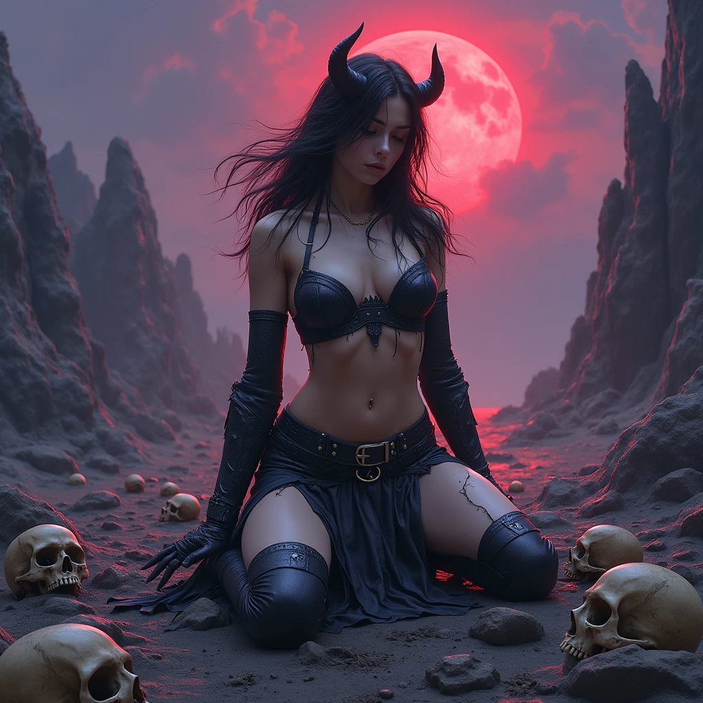 Warcraft Character, Beautiful demoness with bare breasts, sideboob,RAM HORNS, pigtails, Gorgeous Wings, lance in hand, Patterns, Hellscape, body piercings ,volcano, Magic, beautiful, crystals, ash, fire, lava, Magic, Chic, beautiful blue eyes, Sexy , skulls, circuits, a lot of details, hell, radiance, extreme hight detail, saturated colors, Professional lighting, photo realism, Fairytale atmosphere , debris, campfire, jour, nsfw, (High sexuality:0.8),sideboob,