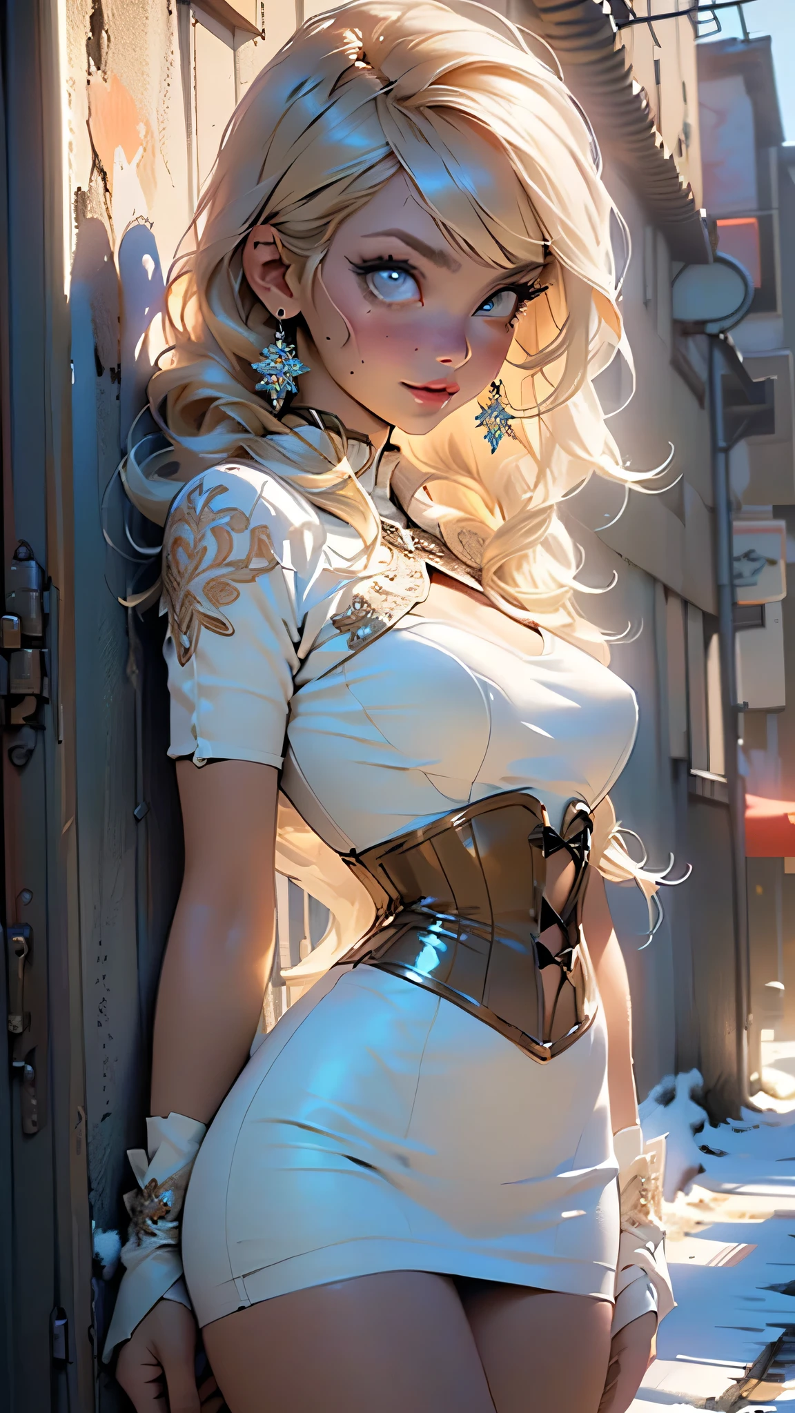 ((((masterpiece, best quality, high resolution)))), Extremely detailed 8K, Beautiful girl with slender body, e-girl, (Ultra HD, Ultra-detailed, Highly detailed, Highly realistic, Ultra-realistic, photograph realistic), (1girl:1.5), (Realistic blonde hair with dark roots), wavy hair, boho bob cut,(dark makeup, pink eyeshadow), facing at camera, light smile, (white and gold outfit, see through clothes, wet skin, transparent). (space cruise), coy grin, slender body, in stocks pose