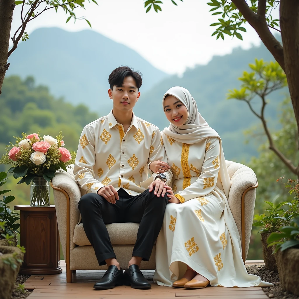 Potrait of beautiful indonesian women in hijab sitting on the garden chair surrounded by flower,with handsome indonesian man kissing,her hand lovingly,surrounded by symbol of love,a beautiful garden,with many garden flower and a sakura tree shedding its leaves