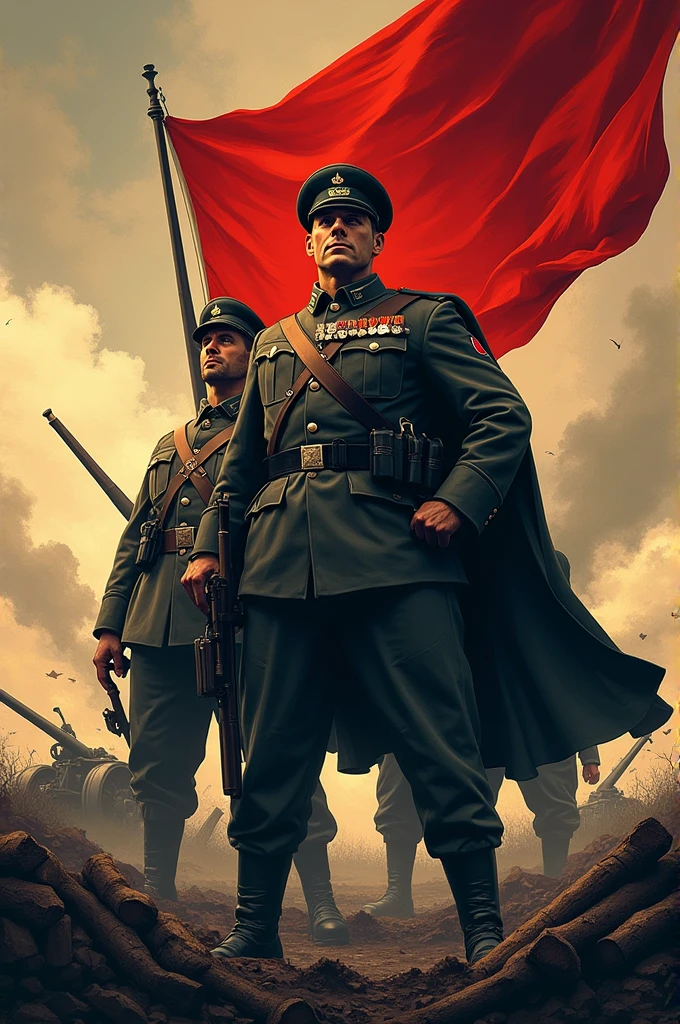 Father holding swords,  suits, Nazi general hats, tanks and soldiers in the background,red blood element,hd light and dark, balance rendering, HD lighting and dark )<=(epic image quality)dark atmosphere with bright particle light(many effects in background)