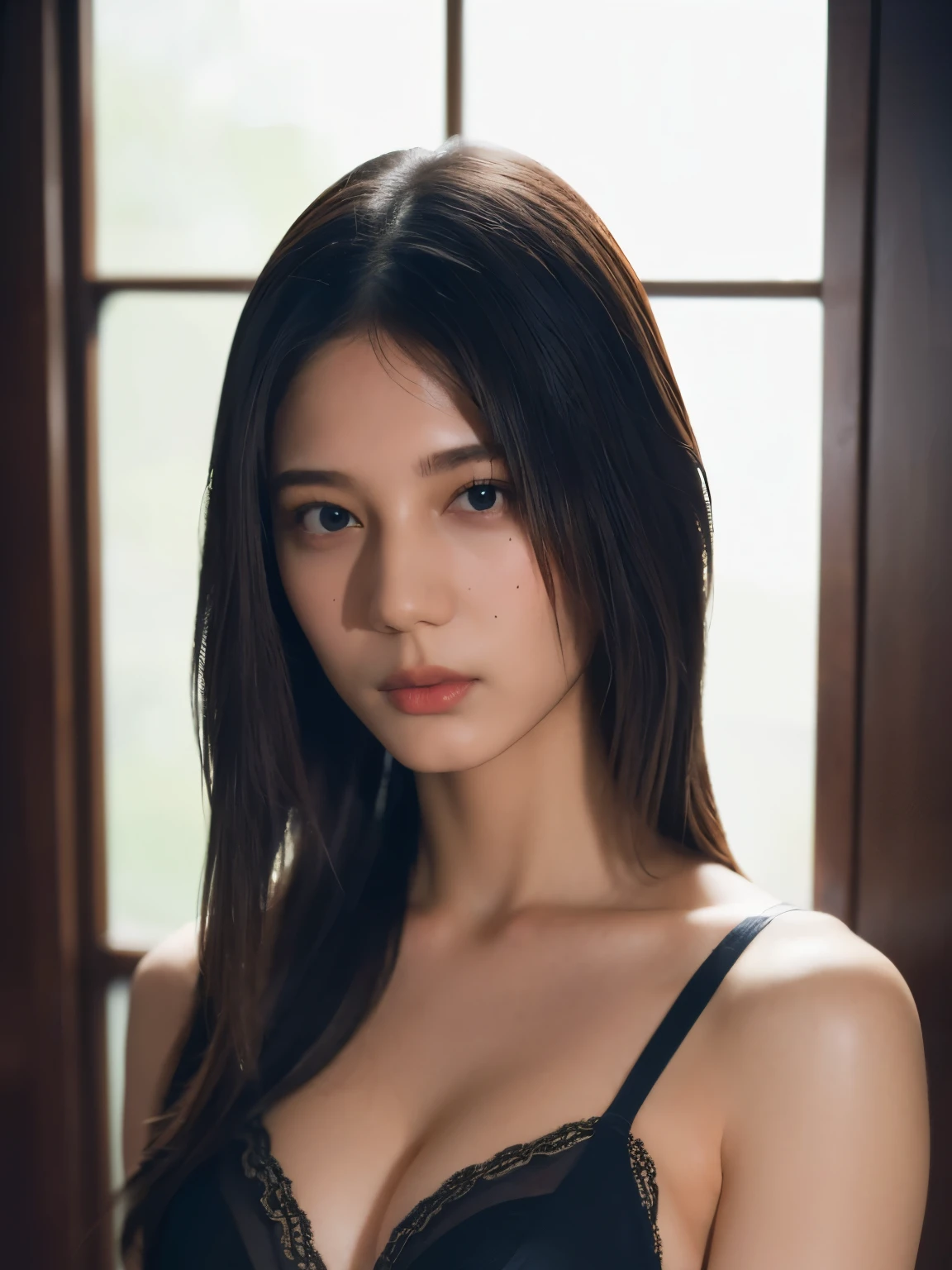 (best quality:1.4), (ultra highres:1.2), (photorealistic:1.4),(portrait shot:1.3), bmangpor, 1girl, solo, long hair, brown hair, upper body, white smooth armpits, black race bra, big breast,
