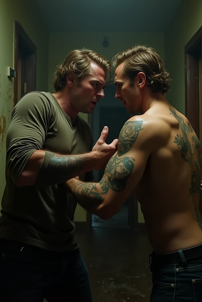 Mark Wahlberg, desnudo. sudoroso. musculos grandes, carrying a naked  in his arms.
