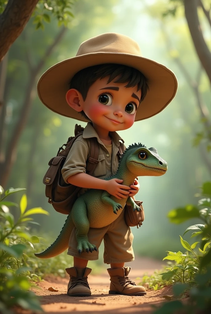 a boy happy to riding a dinosaur \((masterpiece, best quality:1.2), Yellow and green jungle dinosaur tricerasauruss(realistic:1.5)\), best quality, masterpiece,8k,highest texture,highres,soft light,perfect shadow, 1boy, (((archeologist))), 8 , male kid, riding dinosour, ultrarealistic, cowboy short