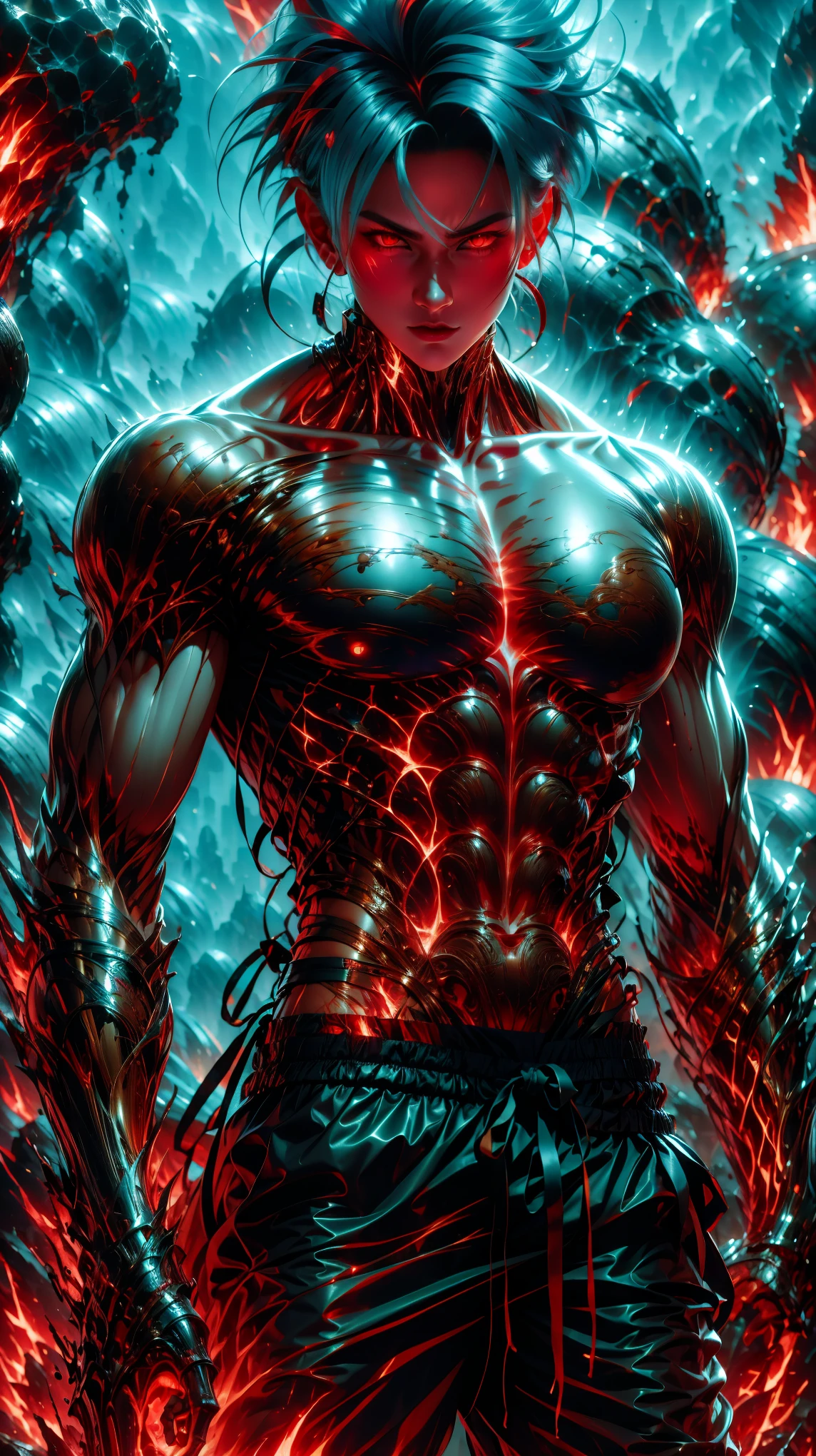 (Aesthetics, Hi-Res: 1.2), Get ready for a visual feast with 17 year old Vegeta, solo, brilliant blue hair and tattoos, a creature with a handsome face and piercing golden eyes . In his transformed state, he radiates extreme instinct and power, creating an epic animation of this energetic man. fire and lava in stunning anime artwork that will leave you in awe. This concept art comes straight from the Bleach Universe, with manga-style 8k wallpapers that will transport you to another dimension. Prepare to be amazed by this detailed work of digital anime art, representing the ultimate combination of style and power.