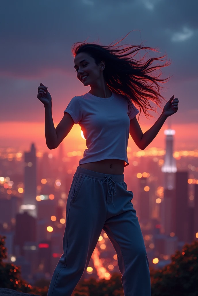 A woman wearing a t-shirt and sweatpants, Long Hair, Dancing, City of night, Beautiful night view as background