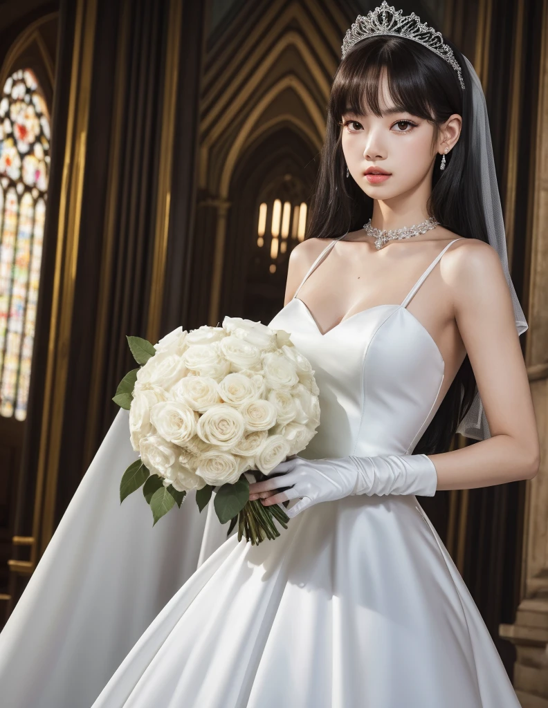 lisa blackpink, wearing a white satin ballgown wedding dress, opera gloves, veil, tiara, bow belt, holding bouquet, walking down the aisle in a grand cathedral, realistic, HD, 4k, crisp resolution,  masterpiece, best quality, ultra-detailed, ultra high res, (photorealistic:1.4), raw photo, (realistic:0.2), CG, {4k|8k} HDR, perfect lighting, 1girl, solo, looking at viewer,  (detailed background :1.1), 