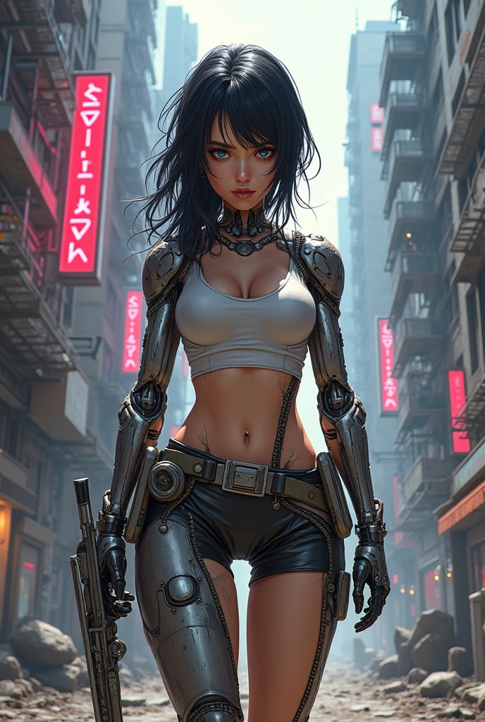 1 chica cyberpunk, pechos grandes, Equipo cyberpunk NSFW, Disparo de vaquero, dynamic  pose, futuristic, mechanical aesthetics, maquinaria compleja, Futuristic city high-tech lighting scene in the background, Motor Virtual 5, cinematic lighting.