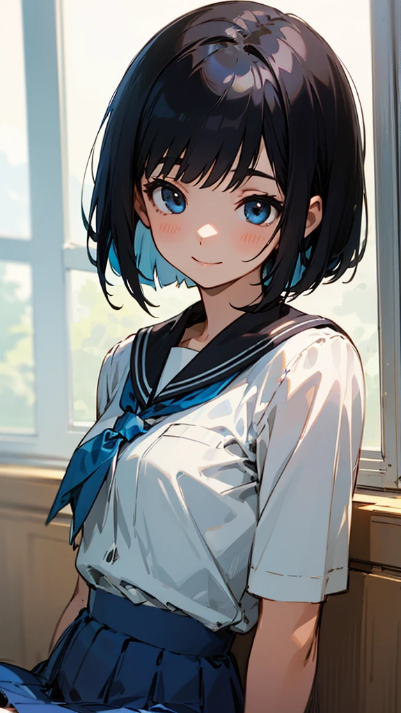 1 girl、Shiny black hair、Short Bob Cut、Calm and composed expression、A delicate portrait、Student Uniform、Sitting、Upper body close-up、smile、Blue Skirt、indoor