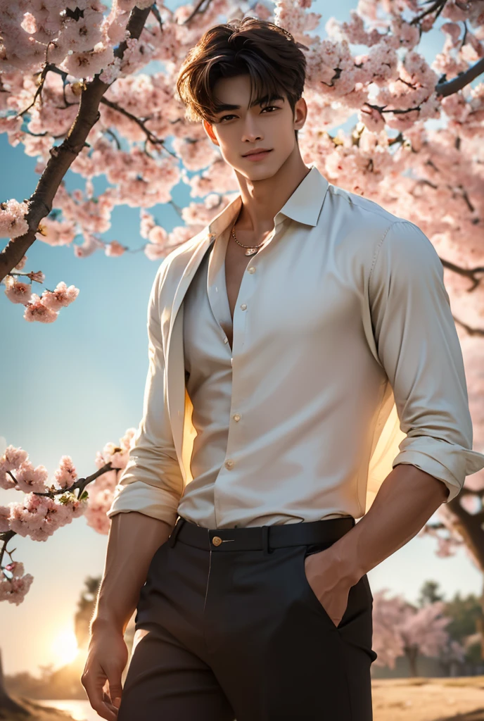 (absurdres, highres, extremely detailed, Ultra High Definition, masterpiece), a tall handsome muscular young man with a strong physique with a serene expression stands beneath a canopy of cherry blossoms in full bloom, their pale pink petals drifting down around him like snow, solo, male model modern clothing, Full length portrait: 1.5, beautiful detailed eyes, beautiful detailed lips, extremely detailed eyes and face, smooth skin, a hot glow in his skin, perfect body, large chest, extremely large breasts, big nipples, sexy gaze, sexy expression, sexy posture, short hairstyle, (wearing (((cream color) exquisite shirt)) and black pants, (open shirt showcasing chest and abs), jewellery, necklace), His short hair and light smiling face give him a youthful, fresh appearance as he gazes towards the viewers. Beautiful, gorgeous, wet, sensual, alluring, erotic, mature, the soft fragrance of cherry blossoms fills the air, and the quiet rustling of the branches adds to the tranquil atmosphere. The ground is carpeted in a layer of delicate pink petals, and the afternoon sun filters through the branches, casting a warm, golden light over his strong, calm figure. His presence blends effortlessly with the scenery creating a breathtaking sense on sensuality and allure. Breathtaking grandeur, model pose, focus on his calm facial features, elegant look, full body view, 