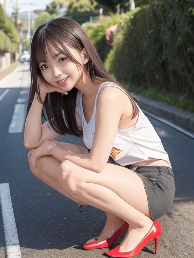 Japanese, 10 years old, white dress, pee, pee, squat, open knees, shy face, red face, lifts skirt, pee comes out, a lot of pee comes out, legs spread, pee splashes , pee flowing, pee coming out, not wearing pants, not wearing underwear, embarrassed, happy, feels good, grassy area, daytime, bright, sunlight, dazzling,