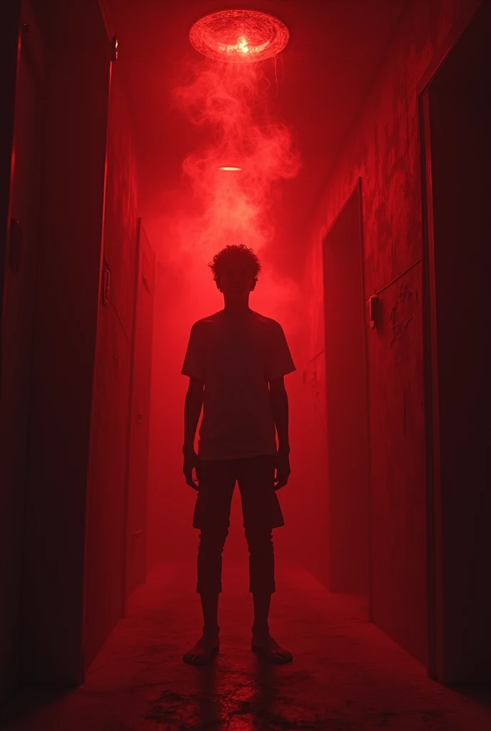 Man hanging by noose dead in dark roomWith red lights