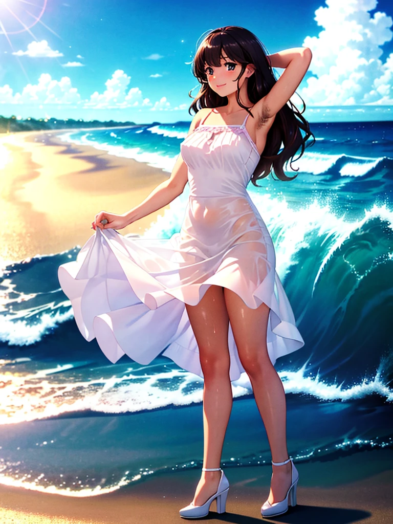 Ochako Uraraka, Summer dress, short yellow dress, lifted dress, wind, white panties, soaked pussy, playa, standing, medium breasts, perfect legs, perfect arms, pose sexy, perfect body, noon