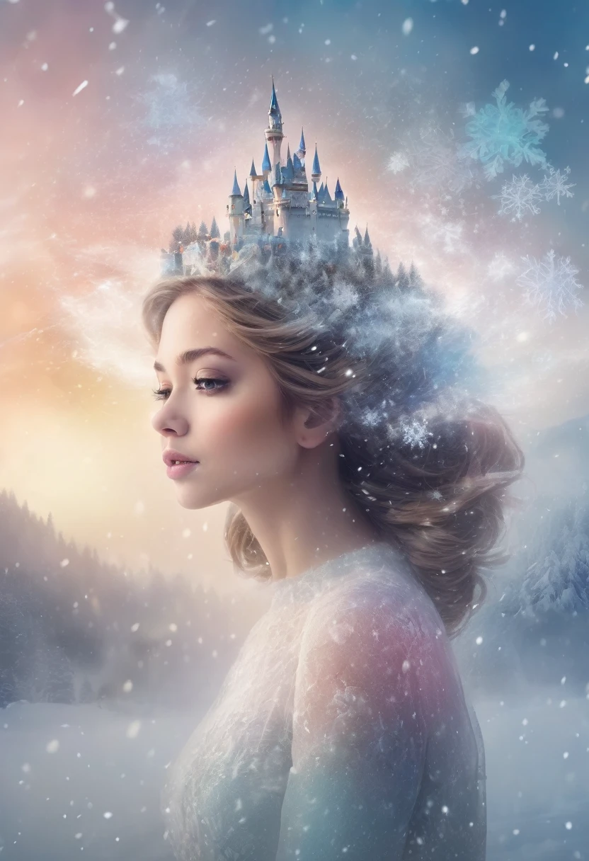 The princess's face appears in the air,(multiple exposure:),winter landscape,Surreal wonderland,Dreamy cloud and fairy island,(Big snowflakes:1.3),Colorful big snowflakes are flying,A princess'The palace is covered with snow,The tree of life blooms with endless vitality,Twinkling stars in the night sky,Overlapping clouds and fog,Whimsical fantasy landscape art, Beautiful Art Ultra HD 8K, 8K highly detailed digital art, beautiful detailed fantasy, epic dreamlike fantasy landscape, Mysterious and dreamy scenery, Magic fantasy is very detailed, magical scenery, Made up of big snowflakes and dreamy floating fairy islands, detailed fantasy digital art, 8K detailed digital art