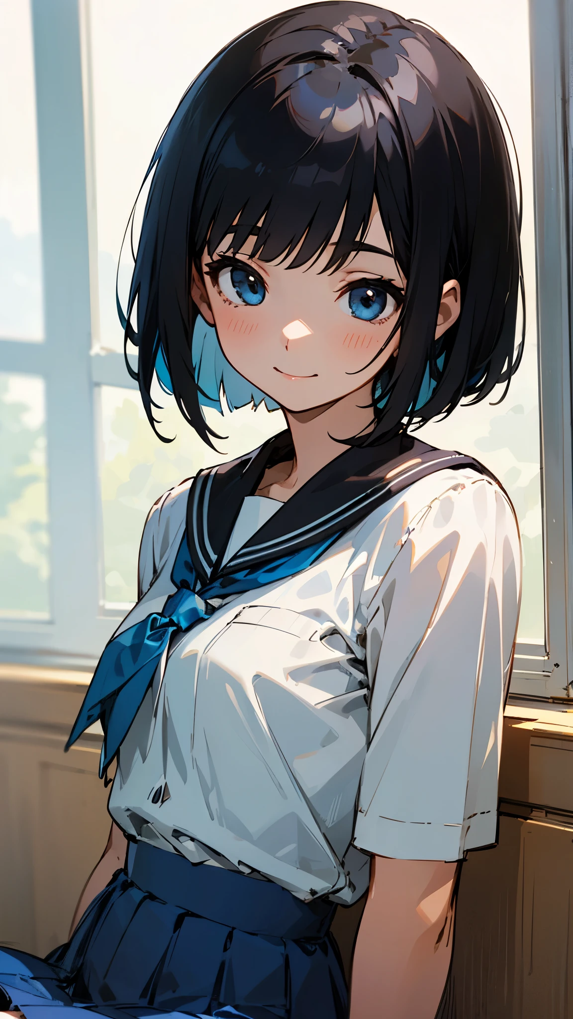 1 girl、Shiny black hair、Short Bob Cut、Calm and composed expression、A delicate portrait、Student Uniform、Sitting、Upper body close-up、smile、Blue Skirt、indoor