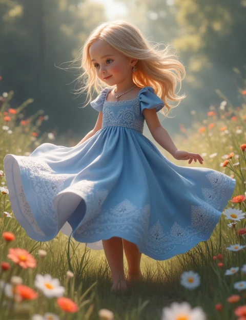 two years old blue eyes long and blonde hair long and tall flowery dress in the field full of flowers