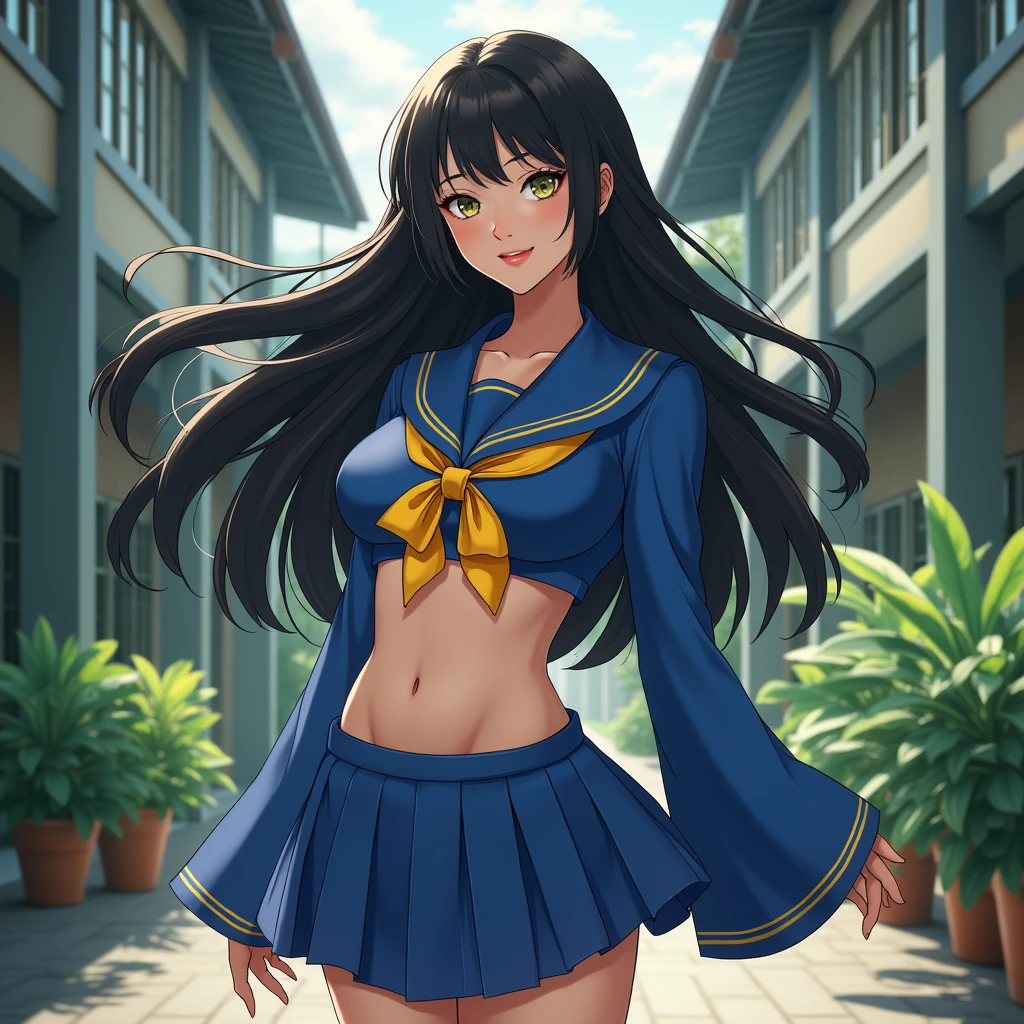 (best quality,4k,8k,highres,masterpiece:1.2),ultra-detailed, Japanese Goddess Amaterasu as a college student, Black hair, Blue school uniform with yellow accents, walking around college campus, smiling at viewer, undressing, breasts exposed, seducing viewer, HDR, 8k, absurdres, cinestill 800, sharp focus
