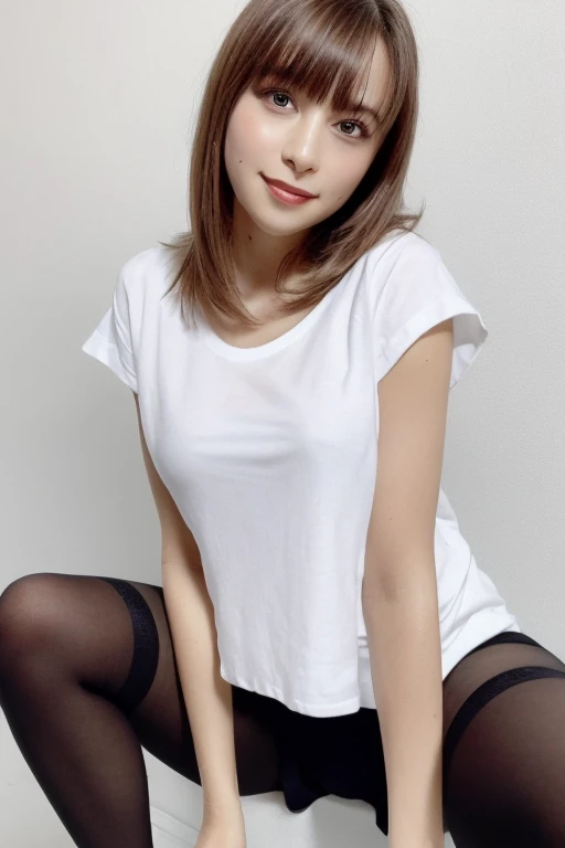 One Girl, Beautiful woman in a white T-shirt and black bloomers,  Perfect body,, The background is all white,  Highly detailed face, Beautiful Eyes, Beautiful Lips, Double eyelids, A kind smile,  Sunburned skin, Pubic hair tips, (Best Quality, 8k, masterpiece:1.3), Front and full body shot, Pussy Line, positive, Spread your legs,Bobcut,blonde