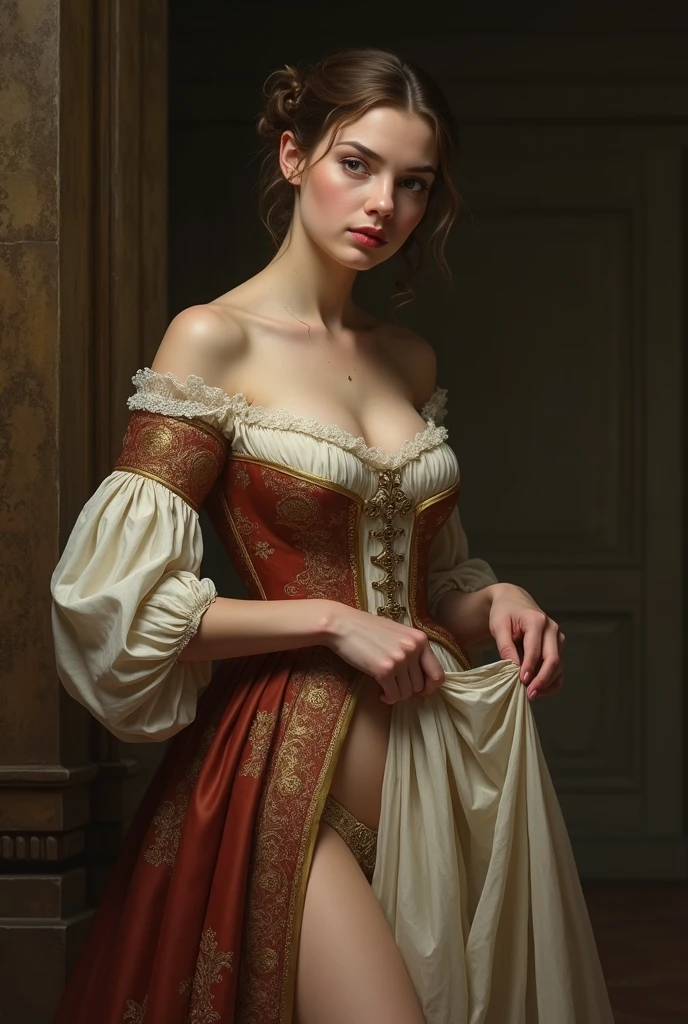 (oil painting),perfect anatomy,top-quality,masterpiece,1girl,Dresses from the Belle Époque era,Noble lady,French cityscape,princess,Marie Antoinette,lady,(gigantic breasts),oil painting,nipple,nsfw,cum on breasts,public indecency,clothes lift,half undress,lifted by self,skinny legs,pussy