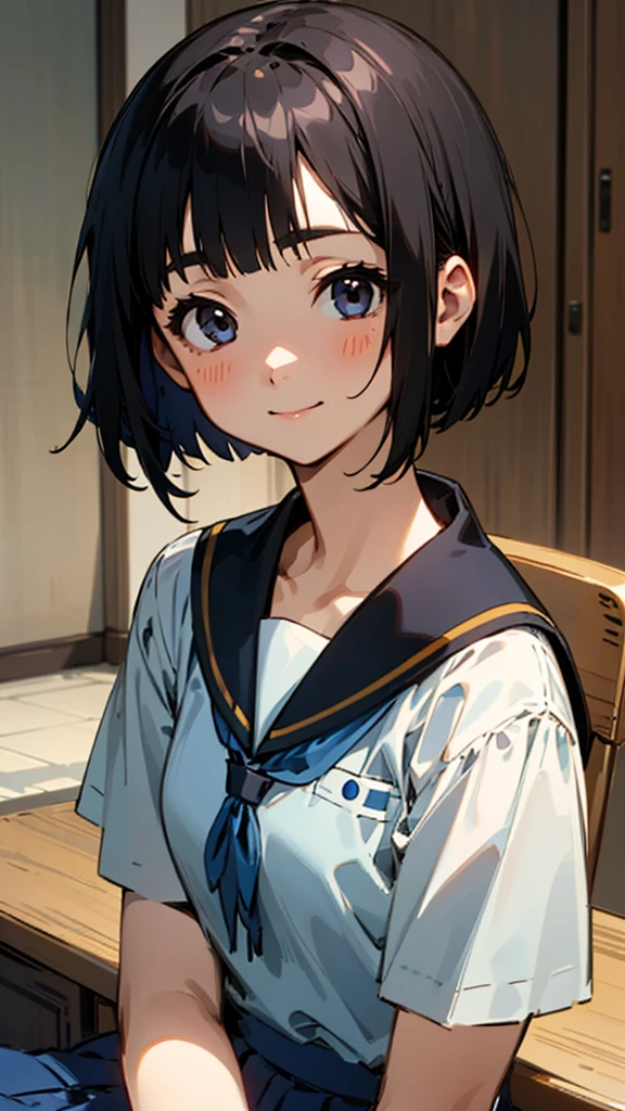 1 girl、Shiny black hair、Short Bob Cut、Calm and composed expression、A delicate portrait、Student Uniform、Sitting、Upper body close-up、smile、Blue Skirt、indoor