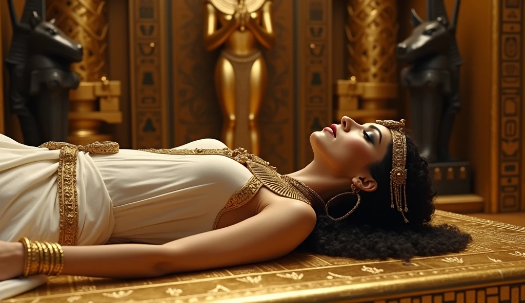 Cleopatra in her final moments, depicted with a blend of strength and vulnerability. She lies gracefully on a luxurious couch in a dimly lit Egyptian palace chamber. In one hand, she holds a small, intricately designed vial of poison, while a subtle image of an aspis snake is coiled nearby, referencing the long-standing myth of her death. Her expression is serene yet contemplative, as if accepting her fate. The room is filled with shadows and warm, golden light, creating a melancholic and mysterious atmosphere. The scene captures both the tragedy of her final act and the historical debate surrounding her death."