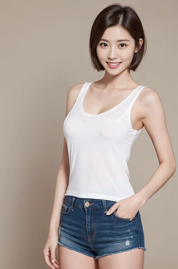 Beautiful Japan young girl, 21-year-old woman, top-quality, 超A high resolution, (Photorealista: 1.4),, sandal, Small Dress v Deep, bare shoulders​,, panties on, perfect bodies, small tits, stiff nipple, (Middle hair、brown haired:1),,full bodyesbian, pretty pose, detailedskin, Chromo-white skin、Slimed、A slender、Model body type、a necklace、A bracelet、耳环、smil