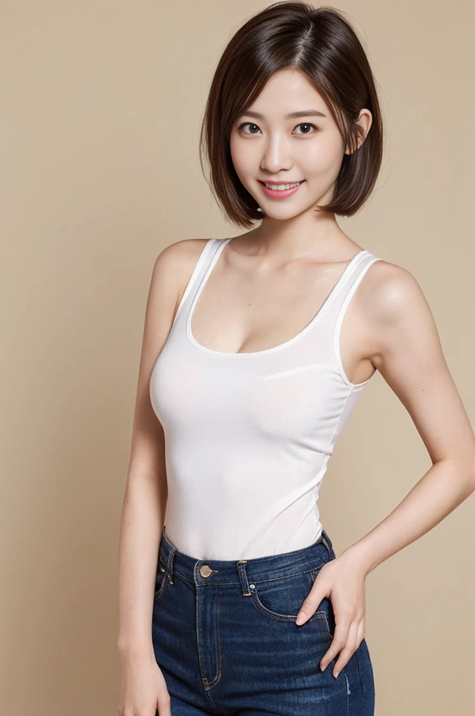 beatiful woman, beautiful face, hair in a ponytail, (light grey:black hair:1.4), white tanktop, big breasts, (((erect nipple))), sports uniform, ultra detailed of the pubic lump, looking at viewer, smiling, cute, medium ass, (long legs), narrow waist