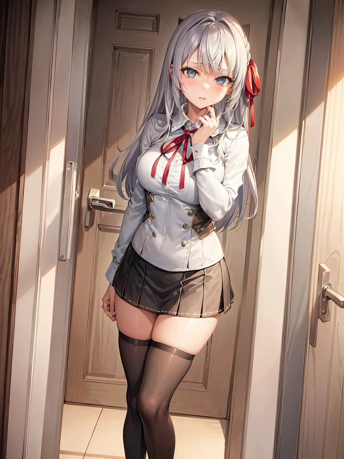 a beautiful girl with silver hair, wearing a mini skirt, thigh-high stockings, an alluring expression, standing by a door, wearing a tight shirt with a red ribbon in her hair, a cute face, elegant pose, 1girl, extremely detailed, realistic, photorealistic, photo-realistic, 8k, best quality, masterpiece, ultra-detailed, sharp focus, vivid colors, studio lighting, physically-based rendering big legs
