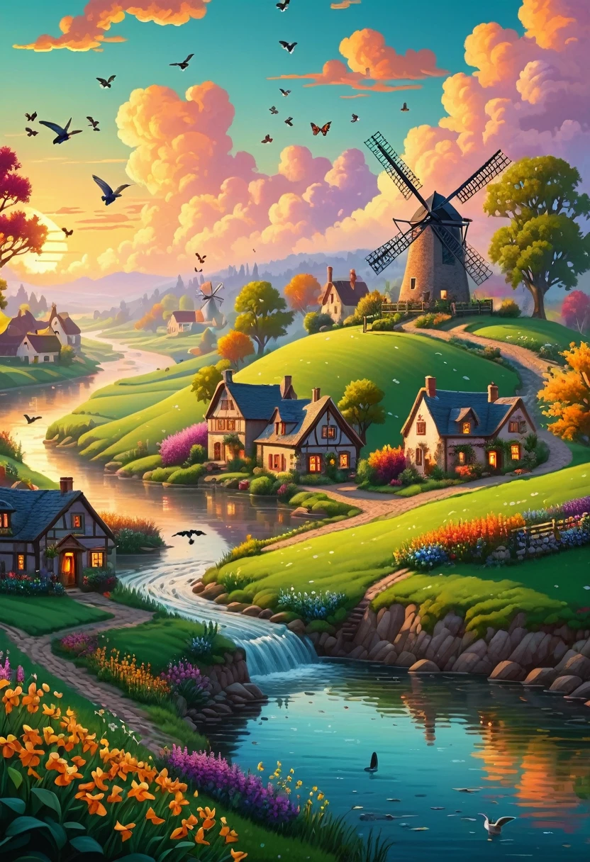 a peaceful countryside landscape, highly detailed 8k pixel art, lush green rolling hills, vibrant colors, dynamic lighting, warm sunset, quaint village, charming houses, cobblestone streets, windmill, river flowing, ducks swimming, atmospheric fog, birds flying, deer in the distance, butterflies, wildflowers, detailed foliage, stylized trees, beautiful sky with fluffy clouds, cinematic composition, masterpiece, intricate details, photorealistic, vibrant colors, stunning lighting