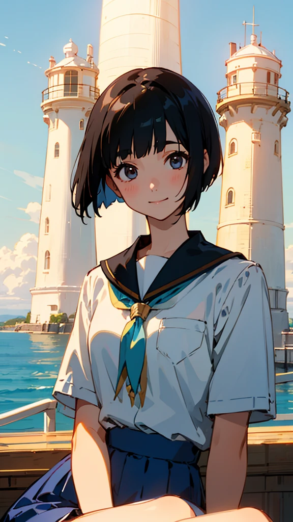 1 girl、Shiny black hair、Short Bob Cut、Calm and composed expression、A delicate portrait、Student Uniform、Sitting、Upper body close-up、smile、Blue Skirt、Golden Hour Sky、Lighthouse Background