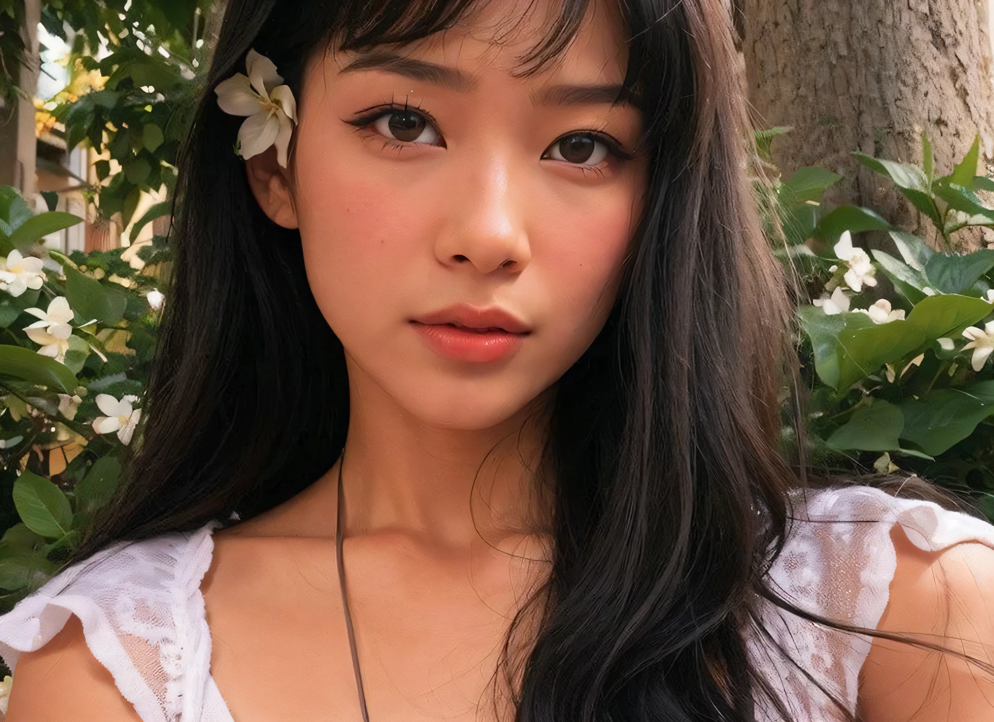 a close up of a beautiful half asian girl, long black hair with bangs, 