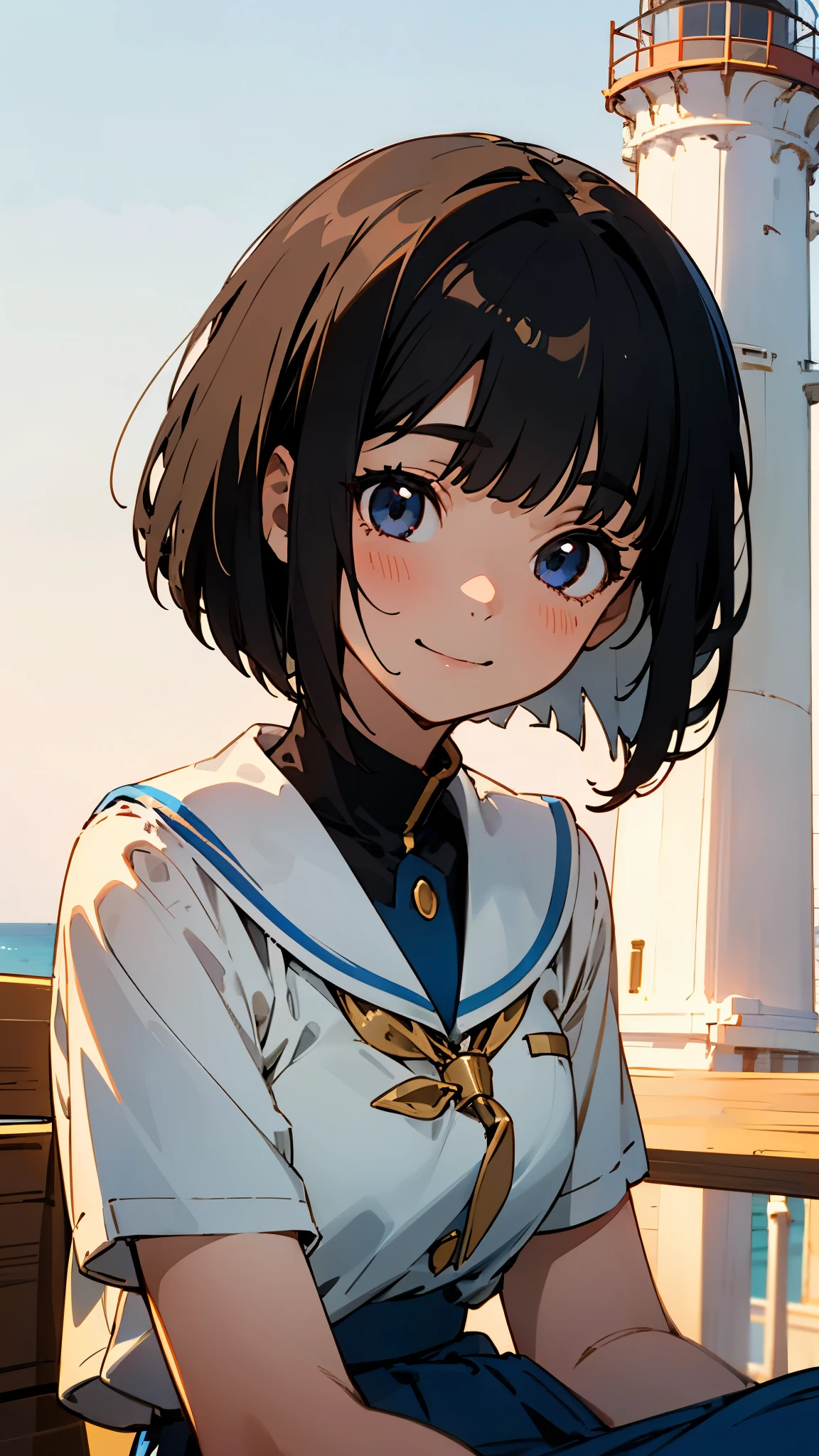 1 girl、Shiny black hair、Short Bob Cut、Calm and composed expression、A delicate portrait、Student Uniform、Sitting、Upper body close-up、smile、Blue Skirt、Golden Hour Sky、Lighthouse Background