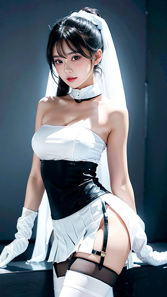 High resolution, 1 girl, blushing, best quality,  Big breasts, black short ponytail，（White simple collar，White long gloves，White tube top，white stockings，White pleated skirt）