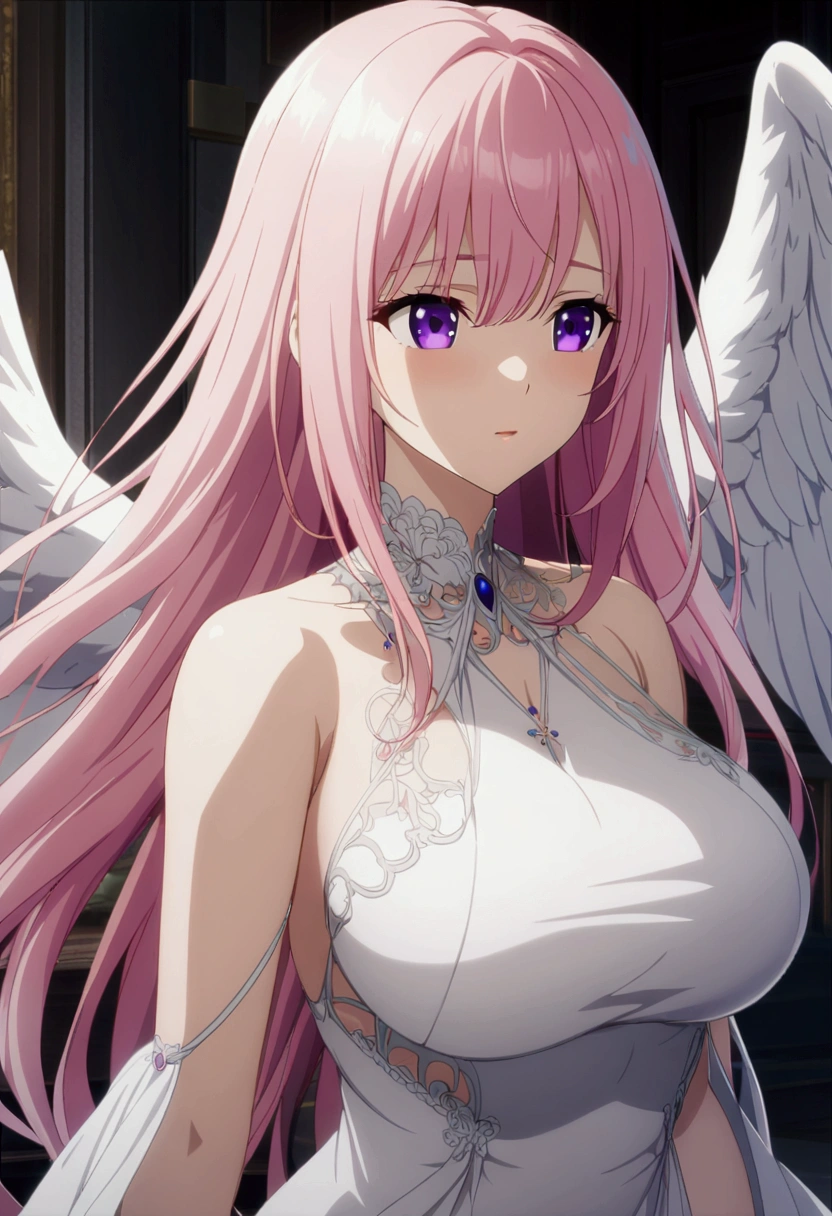 big bust,long hair, skirt, 1girl, pink hair, white skirt, Arm up, a sad face, I like you to the maximum.,She is in a sleeping position with her buttocks slightly visible, with an expression that says she wants to kiss you as much as possible.,slightly difficult posture