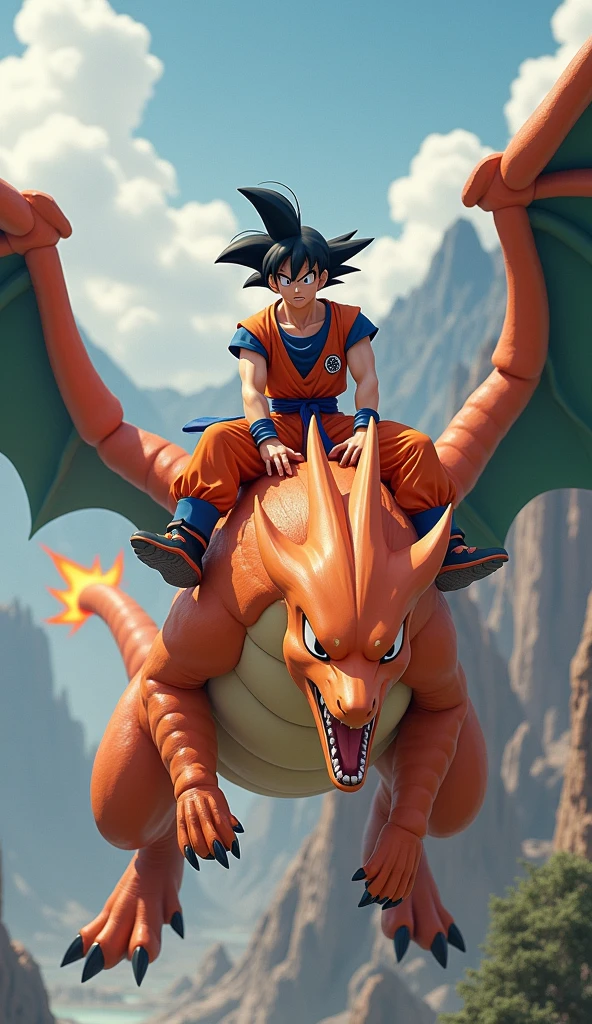 Imagine a very beautiful and robotic flying dragon , And on one wing is a 3D Goku Saiyan, And in another wing is a donkey, All this with a beautiful landscape beyond.