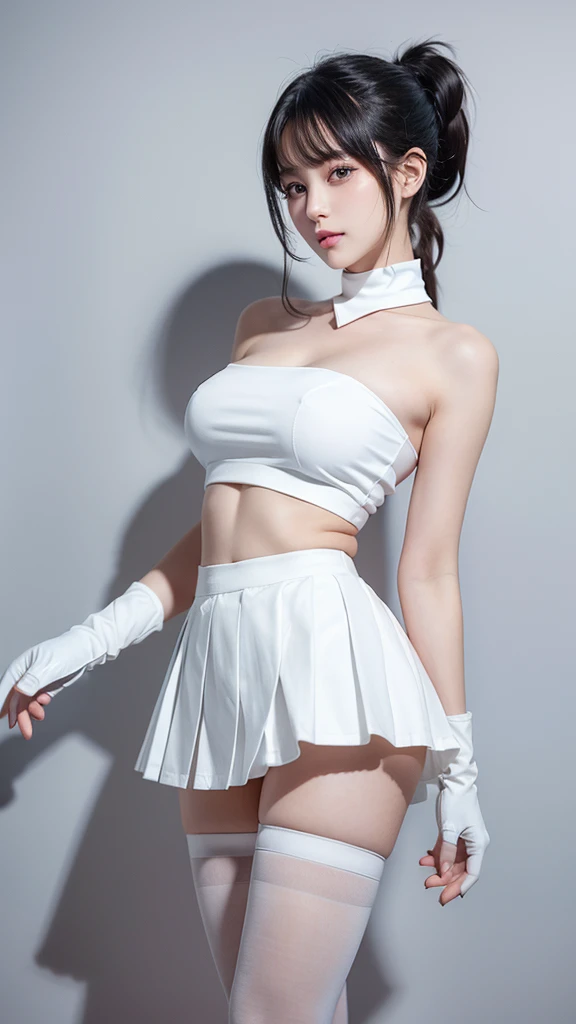 16k quality、top-quality, High resolution, Authentic Photos, (Teenage woman), ((One dynamic female grid girl)),(standing up and doing a vigorous dance、jumping while dancing)、((Full body like))、 Detailed and beautiful lips , (Beautiful hair of golden color、Put your ears out、Bob Hair、white hairband)、Clear and beautiful face and well-proportioned eyes, ( Very beautiful and discreet makeup, Light makeup、well-formed nose、tthin eyebrows), ((Large outdoor stadium at night))、border light, (Soft light, High quality, Smooth and sharp, 10x pixelated, Beautiful eyeshadow: 1.8), (NSFW)、sexually arousing、smil、(G-cup busty cleavage)、(Sexy bikini type blue grid girl costume,Blue costume that reveals the chest、big logo mark、Micro Mini Tight Skirt,White Knee High Socks,Blue long gloves that are close to the skin))、(dynamicposes,Dynamic Poses)、(((Raise both legs high、spread legs wide)))、(((Skirt rises due to violent movements、Show white panties from under the skirt)))、a choker、Cute round face, Voluptuous thighs、Emphasis on the thighs、Hairstyle with bangs、Exposing the tummy、small navel、Delicate body、Slimed、Realistic body、Textured skin、Sweating、Light-reflecting skin、Lean proportions、Model body type、detailed finger、beautidful eyes、long eyeslashes、8Head and body、low angles、Light in the eyes、Smaller face、二重まぶた、Big eyes、lipgloss、Looking at the camera、Background bokeh、Movie lighting and shadows from the front、Light on the face