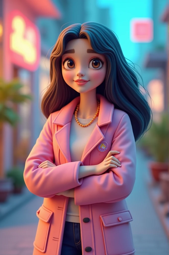 1:3 portrait. Hijab girl pink suit dress. Wear safety. glasses google pink on top of her head. 15 year old. Indonesia Malaysia girl.jump on very high place. Very strong punch. Heroin. Show t her strong arm. Strong pose. One hand on waist. Cute smile. Brown eyes. Big eyes. Detail . Gorgeous.