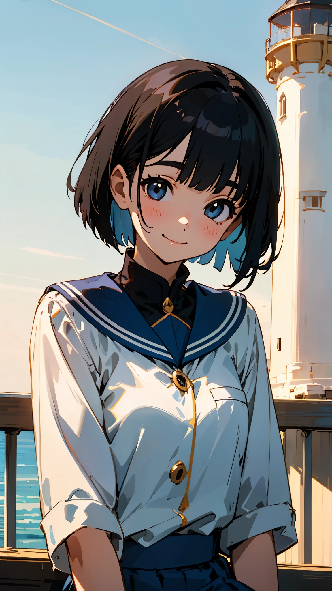 1 girl、Shiny black hair、Short Bob Cut、Calm and composed expression、A delicate portrait、Student Uniform、Sitting、Upper body close-up、smile、Blue Skirt、Golden Hour Sky、Lighthouse Background