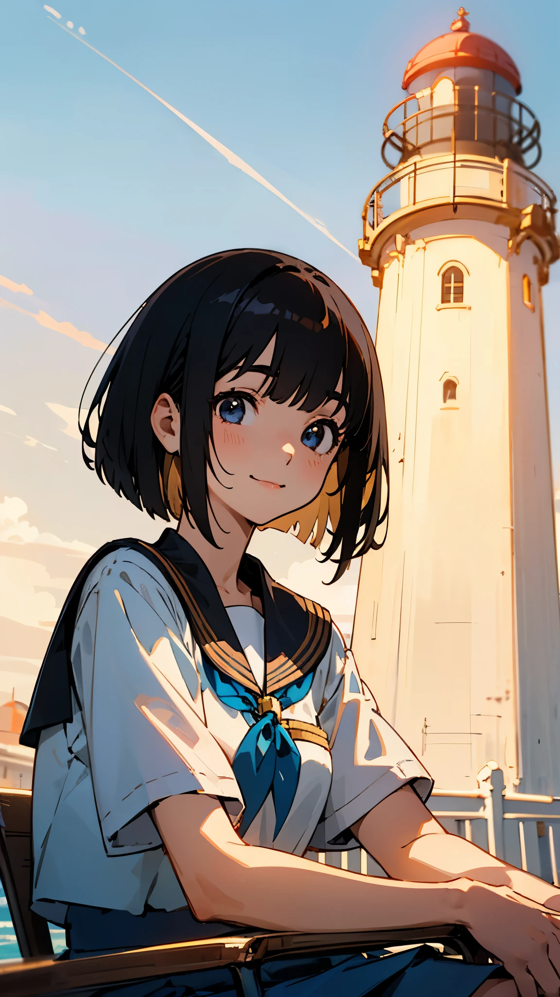 1 girl、Shiny black hair、Short Bob Cut、Calm and composed expression、A delicate portrait、Student Uniform、Sitting、Upper body close-up、smile、Blue Skirt、Golden Hour Sky、Lighthouse Background