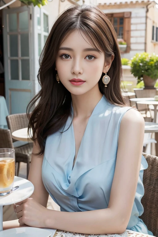 masterpiece, Highest quality, Realistic, Very detailed, Finer details, High resolution, 8k wallpaper, One beautiful woman, Wear a navy blue see-through blouse, In a great pub, At night, Light brown messy hair, Perfect dynamic composition, Beautiful and beautiful eyes、Big earrings、Sitting in a chair、