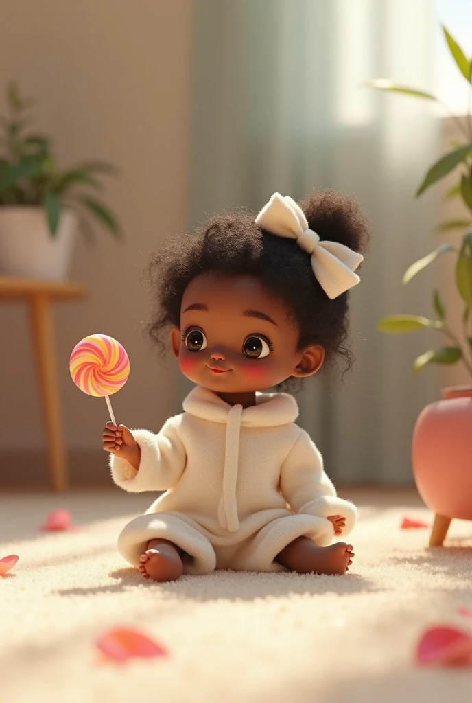 Black-skinned child, at , wearing white sweater, without shoes, with embroidered white socks, white bow on the head, with Disney Face