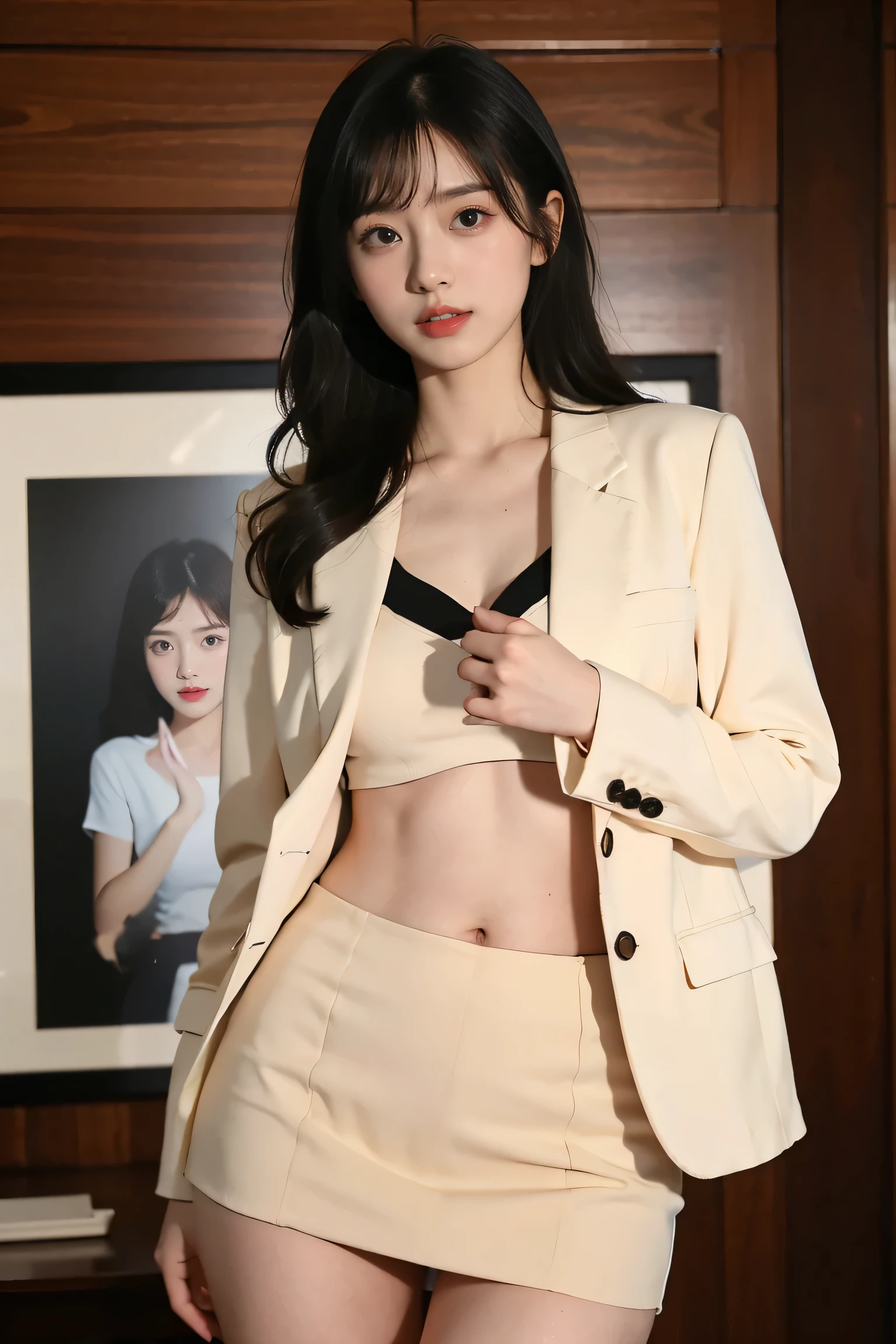1womanl、(Super beautiful)、(beauitful face:2)、(A detailed face:1.3)、(Shot from the knee up)、(Japan flight attendants)、(Flight attendant uniforms:1.1)、(Tailored jacket)、(She lifts her skirt to reveal her white panties:1.4)、(Bare legs:1.5)、Brown hair、(Standing in the corridor of an airplane:1.2)、(At SFW:1.1)