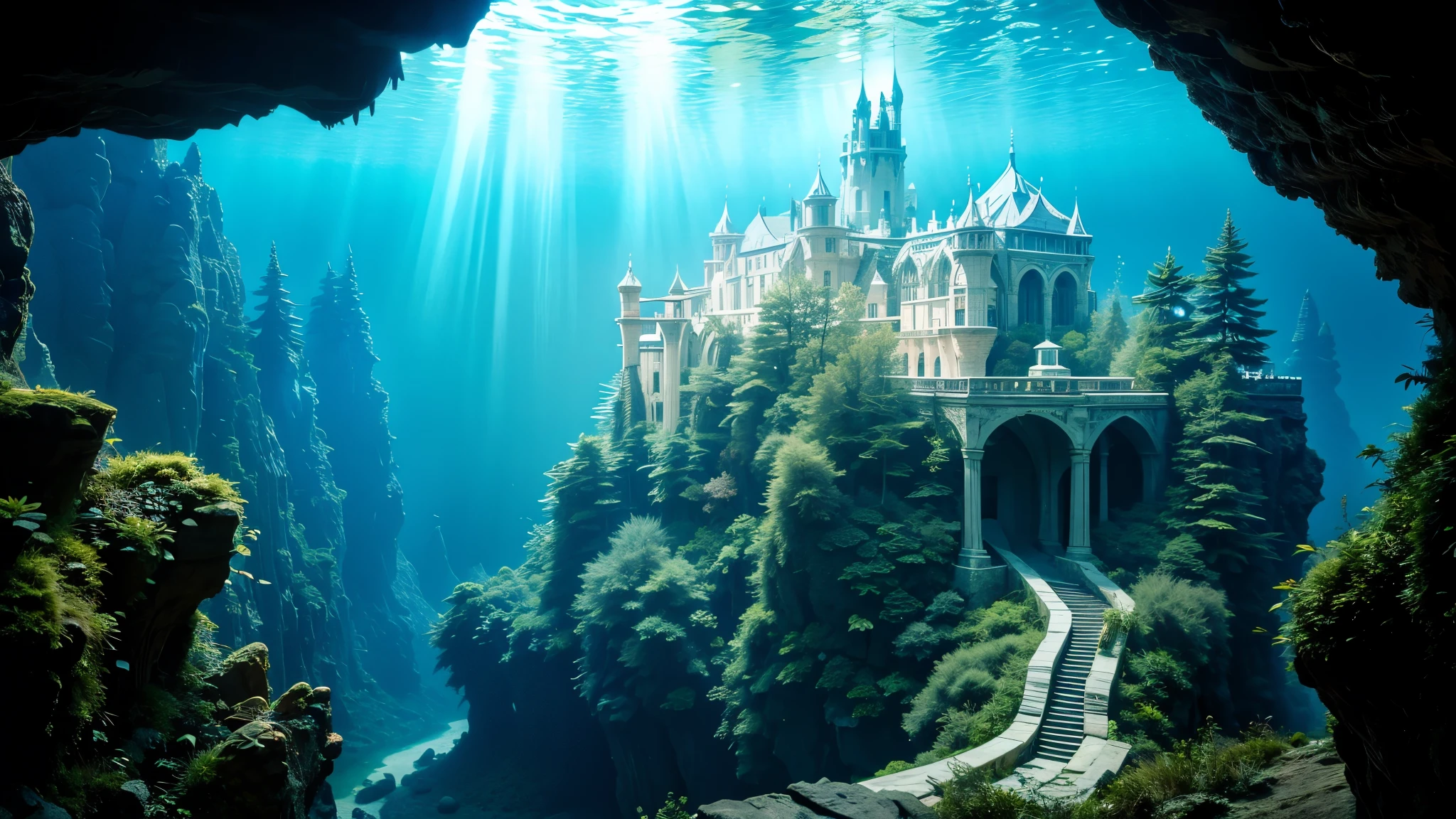 Original photo of the castle, cave, The Forest, sea蜇, swim, Below, sea  