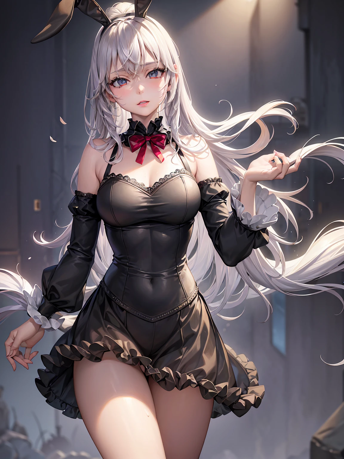 a beautiful young girl in a black bunny costume with bunny ears in a mini skirt posing with a red thin ribbon in her silver hair, detailed facial features, beautiful detailed eyes, beautiful detailed lips, extremely detailed eyes and face, long eyelashes, elegant pose, cinematic lighting, serene atmosphere, dreamlike, fantasy, (best quality,4k,8k,highres,masterpiece:1.2),ultra-detailed,(realistic,photorealistic,photo-realistic:1.37),HDR,UHD,studio lighting,ultra-fine painting,sharp focus,physically-based rendering,extreme detail description,professional,vivid colors,bokeh,digital painting