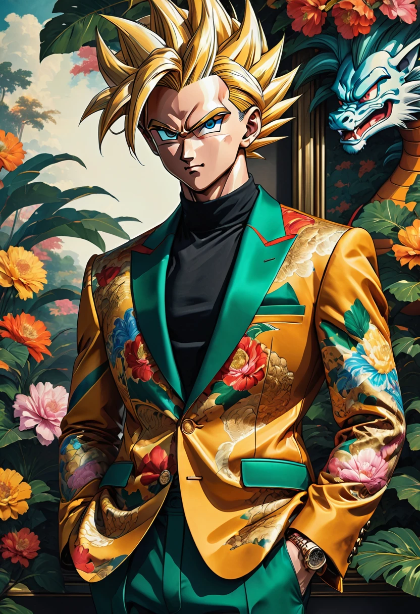 a portrait of 'Vegeta' from 'Dragon ball z', wearing designer outfits inspired by 'Gucci' designs. The scene should be set in a high-end fashion store with sleek in the background. 'Vegeta' is dressed in a sleek suit inspired by his color palette, paired with a black inner t-shirt Gucci designs. Incorporate bold colors, intricate details. The mood is sophisticated and glamorous, with the characters exuding confidence and style. Half body shot. The camera angle is a low-angle shot.